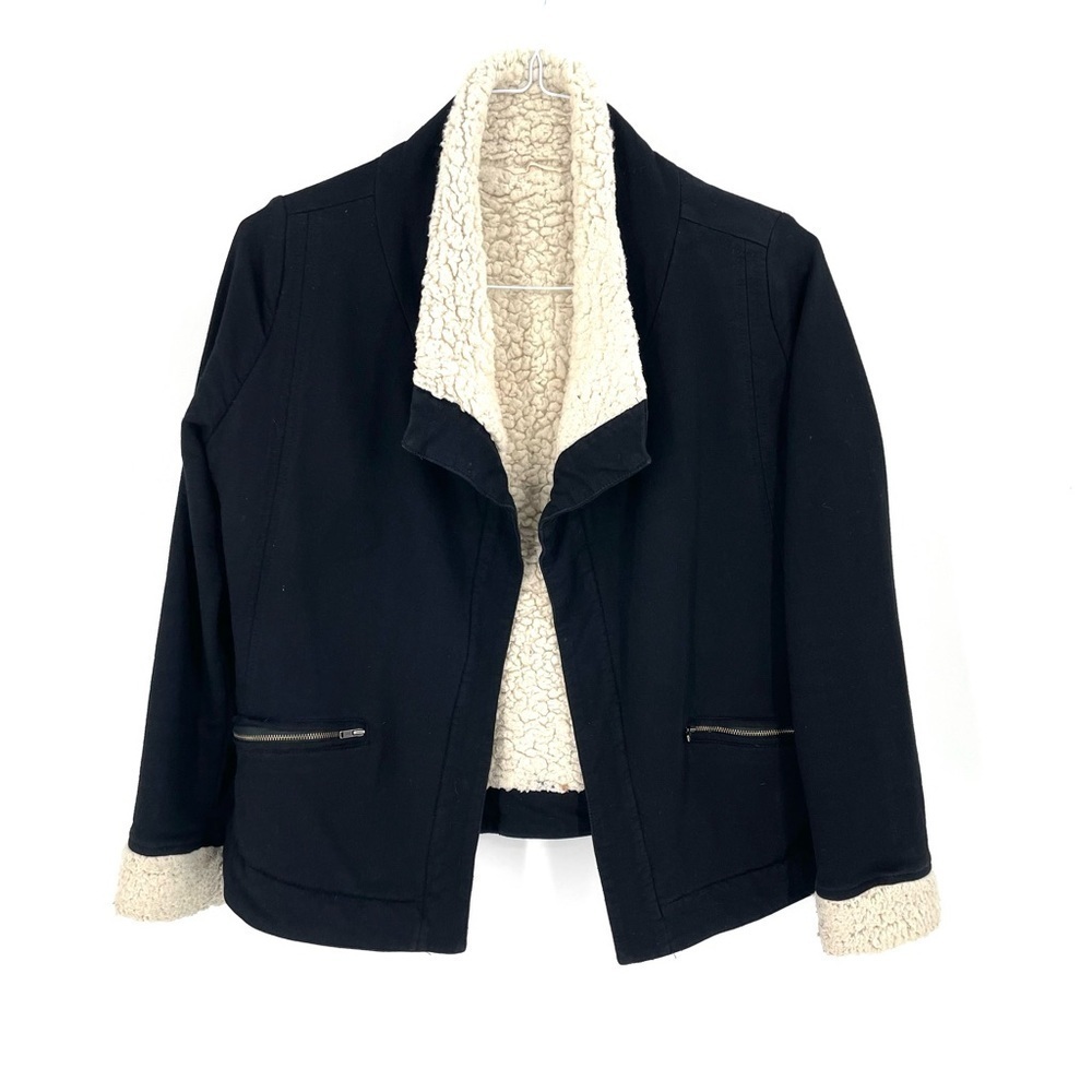 Soft Surroundings Black Faux Fur Sherpa Cuff Collar Open Front Moto Jacket